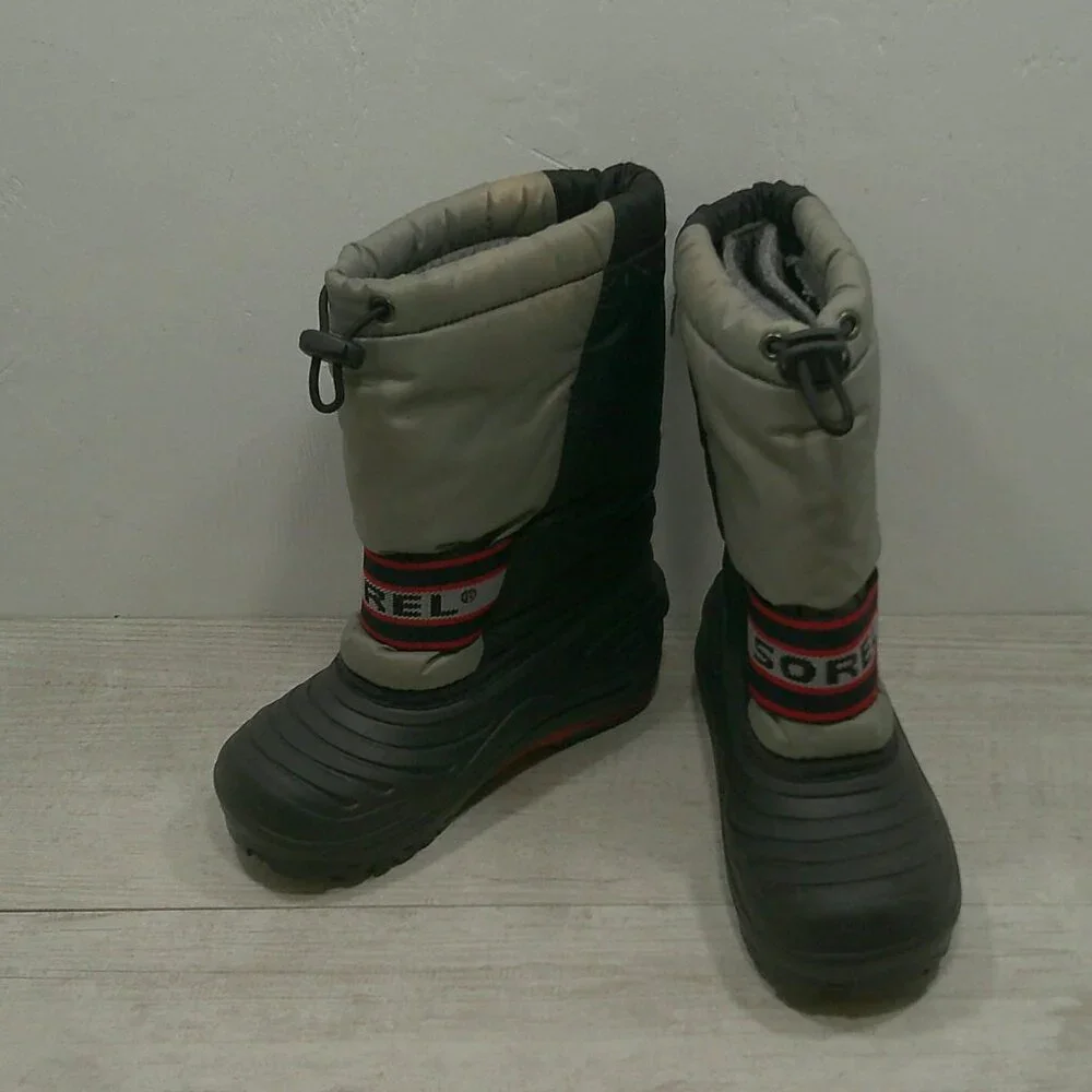 Sorel Waterproof Gray Red Youth Cub LIA Winter Snow Boots w/ Inserts Size 13